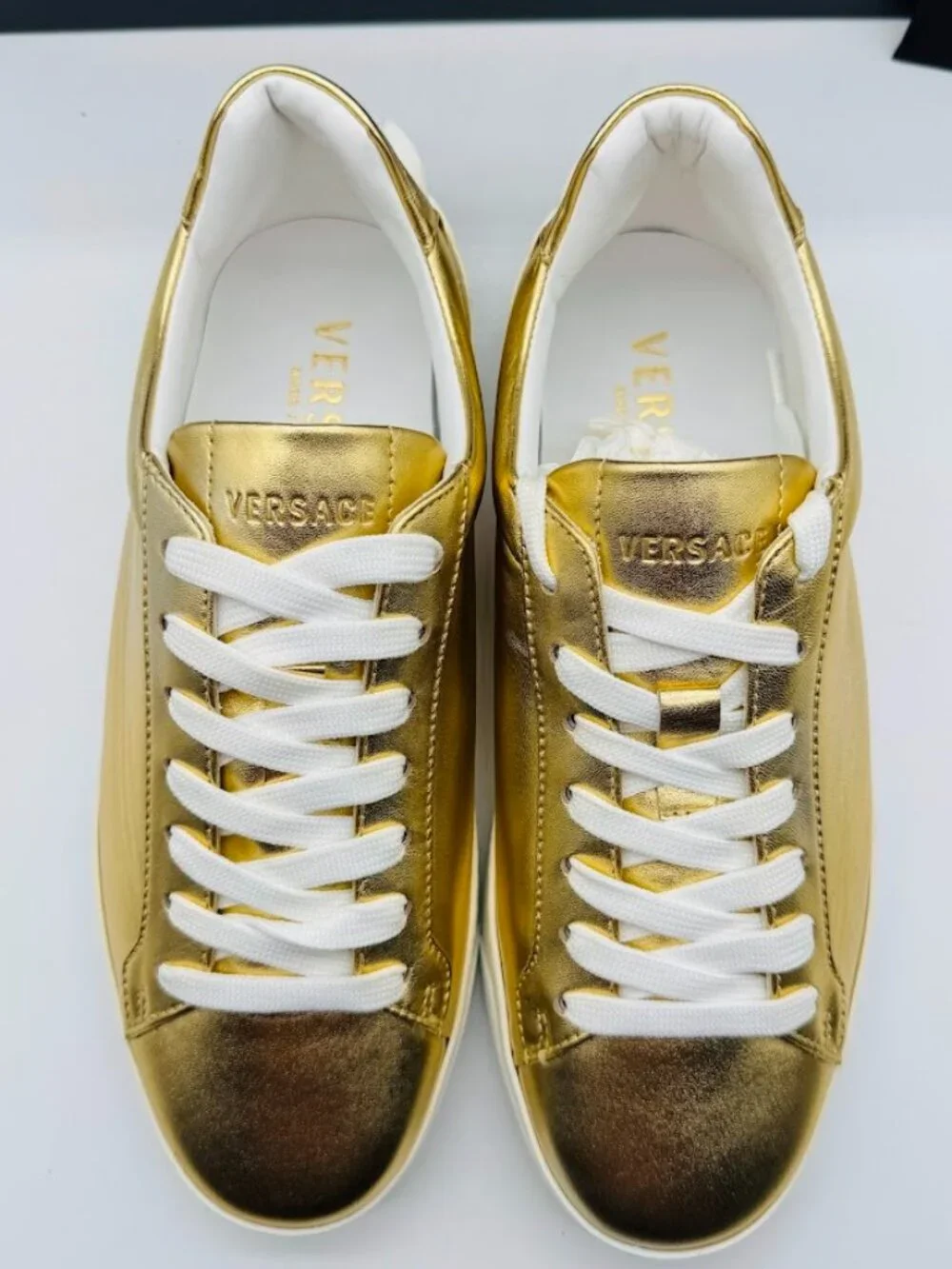 Versace Gold Laminated Nappa Medusa Sneakers Low Top Size 39 – Made in Italy NIB